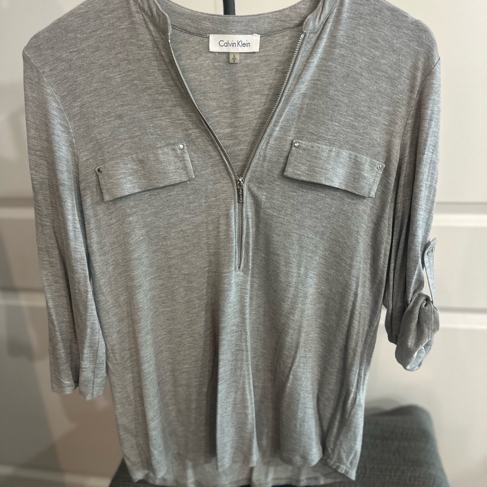 Calvin Klein Gray 3/4 Sleeve Blouse with Mandarin Collar